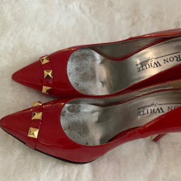 Ron White Patent Red Leather High Heel Pumps with Rock Studs (Pre Owned) - Picture 3 of 4